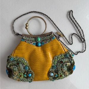 Mary Frances Beaded Yellow Croc Embossed Ring Handle Purse